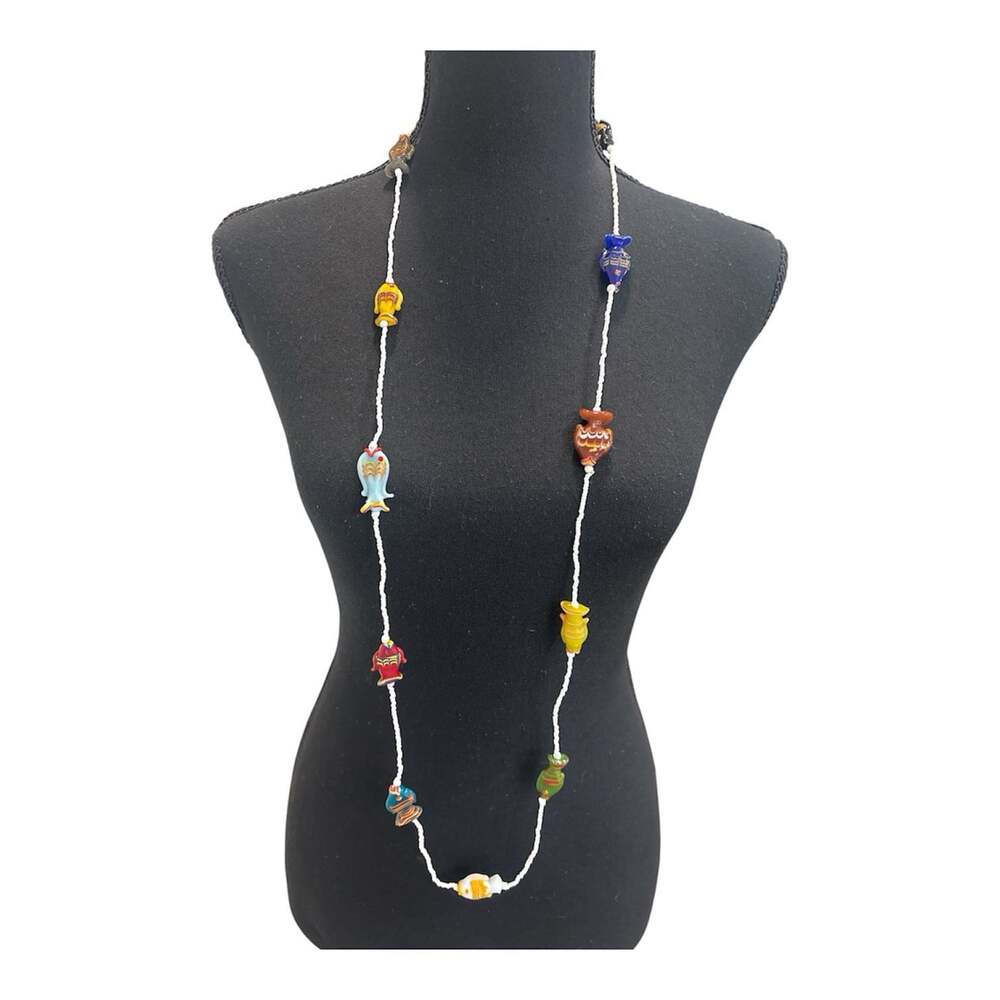 Long Artisan Multi Colored Beaded Glass Fish Necklace, 23 Inches
